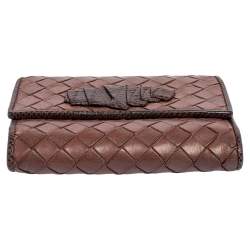 Pre Owned Bottega Veneta Brown Intrecciato Leather and Snakeskin Trifold Wallet