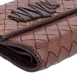 Pre Owned Bottega Veneta Brown Intrecciato Leather and Snakeskin Trifold Wallet