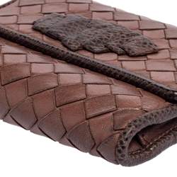 Pre Owned Bottega Veneta Brown Intrecciato Leather and Snakeskin Trifold Wallet