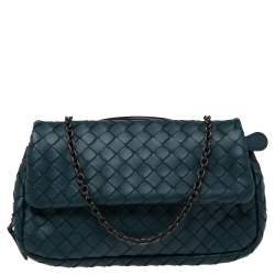 Pre Owned Bottega Veneta Teal Intrecciato Leather Mini Flap Chain Crossbody Bag