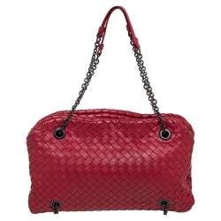 Pre Owned Bottega Veneta Red Intrecciato Leather Duo Shoulder Bag