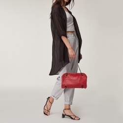 Pre Owned Bottega Veneta Red Intrecciato Leather Duo Shoulder Bag