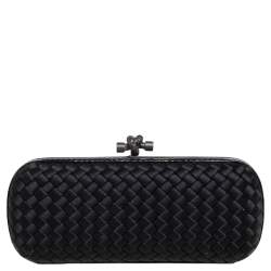 Pre Owned Bottega Veneta Black Intrecciato Satin and Snakeskin Trim Knot Clutch