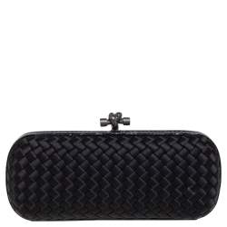 Pre Owned Bottega Veneta Black Intrecciato Satin and Snakeskin Trim Knot Clutch
