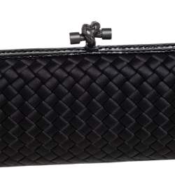 Pre Owned Bottega Veneta Black Intrecciato Satin and Snakeskin Trim Knot Clutch