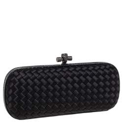 Pre Owned Bottega Veneta Black Intrecciato Satin and Snakeskin Trim Knot Clutch