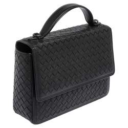 Pre Owned Bottega Veneta Black Intrecciato Leather Alumna Top Handle Bag