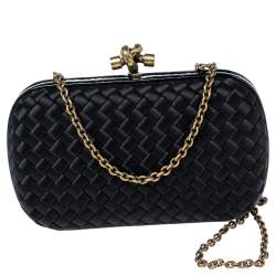 Pre Owned Bottega Veneta Black  Intrecciato Satin and Snakeskin Trim Chain Knot Clutch