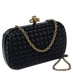 Pre Owned Bottega Veneta Black  Intrecciato Satin and Snakeskin Trim Chain Knot Clutch