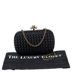 Pre Owned Bottega Veneta Black  Intrecciato Satin and Snakeskin Trim Chain Knot Clutch