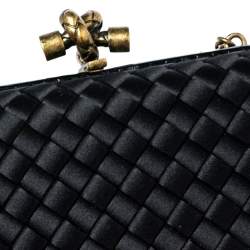 Pre Owned Bottega Veneta Black  Intrecciato Satin and Snakeskin Trim Chain Knot Clutch