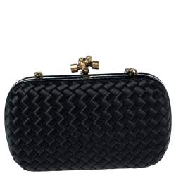 Pre Owned Bottega Veneta Black  Intrecciato Satin and Snakeskin Trim Chain Knot Clutch