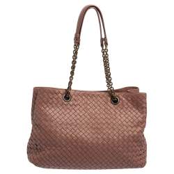 Pre Owned Bottega Veneta Pale Pink Intrecciato Leather Medium Tote