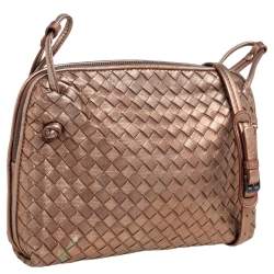 Pre Owned Bottega Veneta Metallic Bronze Intrecciato Nodini Leather Crossbody Bag