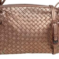 Pre Owned Bottega Veneta Metallic Bronze Intrecciato Nodini Leather Crossbody Bag
