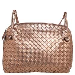 Pre Owned Bottega Veneta Metallic Bronze Intrecciato Nodini Leather Crossbody Bag
