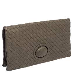 Pre Owned Bottega Veneta Olive Green Intrecciato Leather Twist Lock Clutch