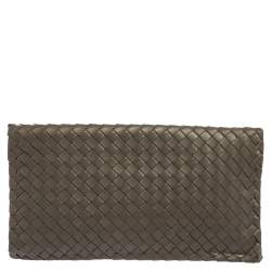 Pre Owned Bottega Veneta Olive Green Intrecciato Leather Twist Lock Clutch