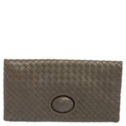 Pre Owned Bottega Veneta Olive Green Intrecciato Leather Twist Lock Clutch