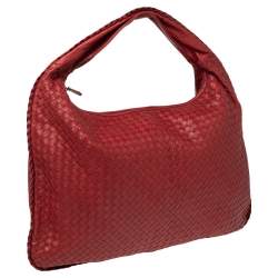 Pre Owned Bottega Veneta Red Intrecciato Leather Maxi Veneta Hobo 