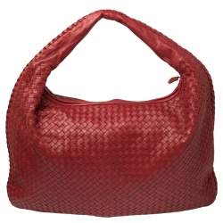 Pre Owned Bottega Veneta Red Intrecciato Leather Maxi Veneta Hobo 