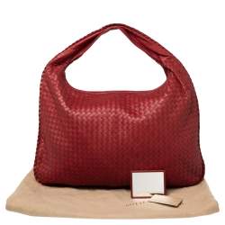 Pre Owned Bottega Veneta Red Intrecciato Leather Maxi Veneta Hobo 