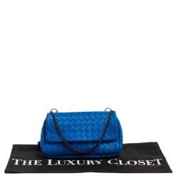 Pre Owned Bottega Veneta Blue Intrecciato Leather Mini Flap Chain Crossbody Bag