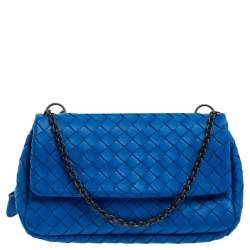 Pre Owned Bottega Veneta Blue Intrecciato Leather Mini Flap Chain Crossbody Bag
