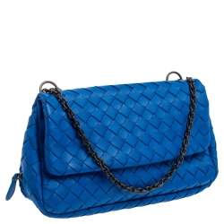 Pre Owned Bottega Veneta Blue Intrecciato Leather Mini Flap Chain Crossbody Bag