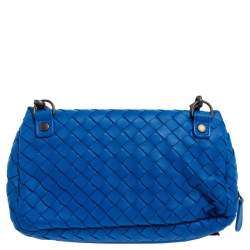 Pre Owned Bottega Veneta Blue Intrecciato Leather Mini Flap Chain Crossbody Bag