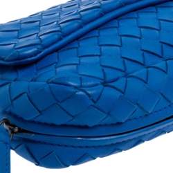 Pre Owned Bottega Veneta Blue Intrecciato Leather Mini Flap Chain Crossbody Bag