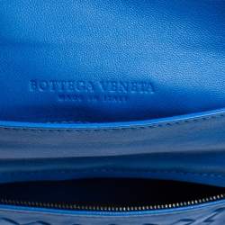 Pre Owned Bottega Veneta Blue Intrecciato Leather Mini Flap Chain Crossbody Bag