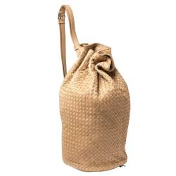 Pre Owned Bottega Veneta Tan Intrecciato Leather Drawstring Sling Backpack