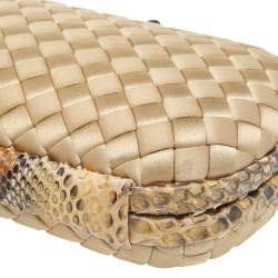 Pre Owned Bottega Veneta Beige-Brown Intrecciato Satin And Python Leather Trim Knot Clutch