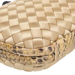 Pre Owned Bottega Veneta Beige-Brown Intrecciato Satin And Python Leather Trim Knot Clutch