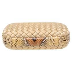 Pre Owned Bottega Veneta Beige-Brown Intrecciato Satin And Python Leather Trim Knot Clutch