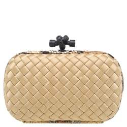 Pre Owned Bottega Veneta Beige-Brown Intrecciato Satin And Python Leather Trim Knot Clutch