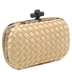 Pre Owned Bottega Veneta Beige-Brown Intrecciato Satin And Python Leather Trim Knot Clutch
