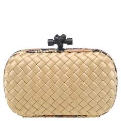 Pre Owned Bottega Veneta Beige-Brown Intrecciato Satin And Python Leather Trim Knot Clutch