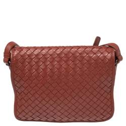 Pre Owned Bottega Veneta Brown Intrecciato Leather Full Flap Crossbody Bag