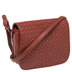 Pre Owned Bottega Veneta Brown Intrecciato Leather Full Flap Crossbody Bag