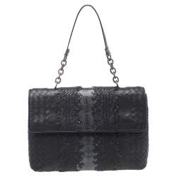 Pre Owned Bottega Veneta Black/Blue Intrecciato Leather And Python Trim Olimpia Bag