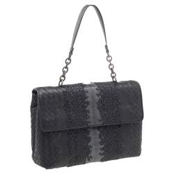 Pre Owned Bottega Veneta Black/Blue Intrecciato Leather And Python Trim Olimpia Bag