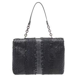 Pre Owned Bottega Veneta Black/Blue Intrecciato Leather And Python Trim Olimpia Bag
