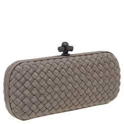 Pre Owned Bottega Veneta Dark Olive Intrecciato Fabric Trim Knot Clutch