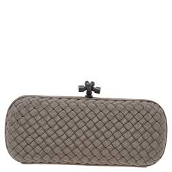 Pre Owned Bottega Veneta Dark Olive Intrecciato Fabric Trim Knot Clutch