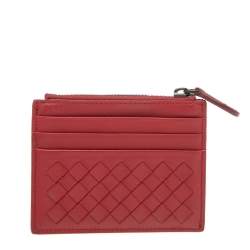 Pre Owned Bottega Veneta Red Intrecciato Leather Zip Card Holder