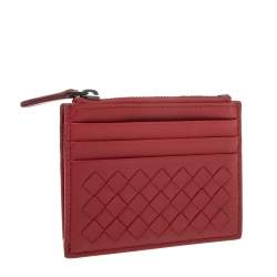Pre Owned Bottega Veneta Red Intrecciato Leather Zip Card Holder