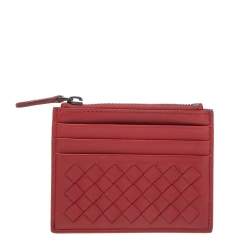 Pre Owned Bottega Veneta Red Intrecciato Leather Zip Card Holder