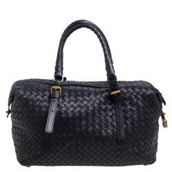 Pre Owned Bottega Veneta Black Intrecciato Leather Montaigne Satchel